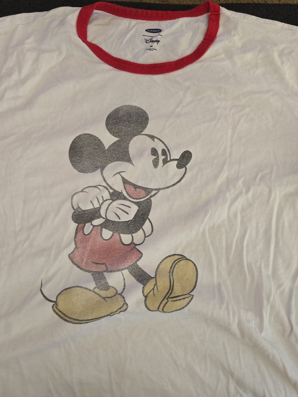 Old Navy White Tee with Red Collar and Vintage Mickey Graphic